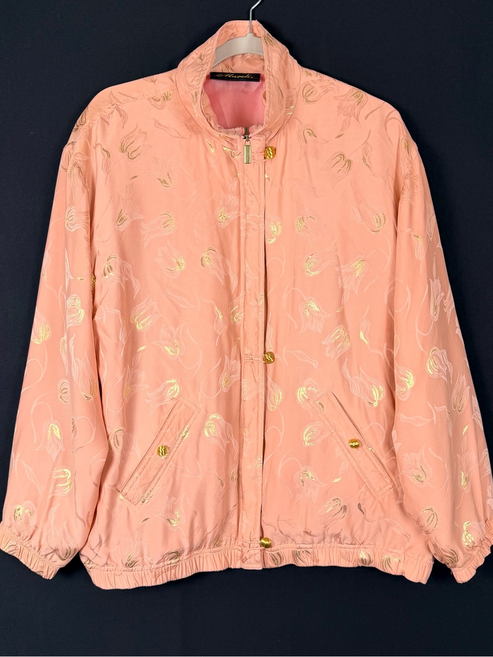 Mureli Silk Bomber Jacket Soft Pink Gold Lurex Metal zipper Tulip Jacquard VTG